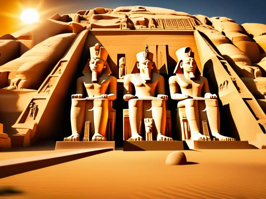 El majestuoso templo de Abu Simbel en Egipto: una joya de la antigüedad Las estatuas gigantes de Abu Simbel: un enigma de poder y belleza, bañadas por el cálido resplandor del sol poniente en Egipto