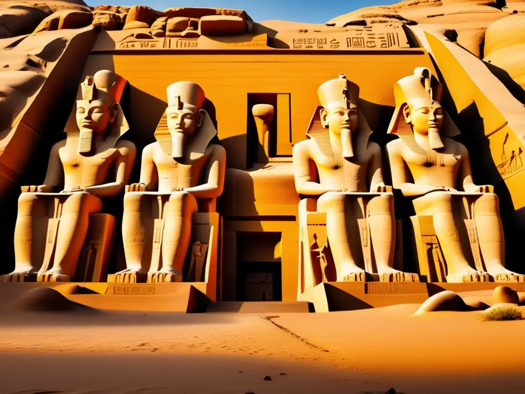 Abu Simbel: Templos ancestrales bañados en gloria dorada Las estatuas gigantes de Abu Simbel se elevan enigmáticas ante el cálido resplandor dorado del atardecer, revelando su encanto vintage y la historia antigua que encierran