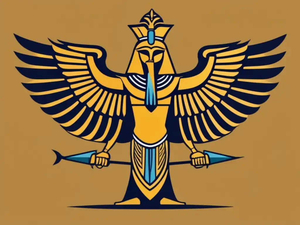 Estatuilla dorada de Horus en combate, con cuerpo musculoso y alas abiertas