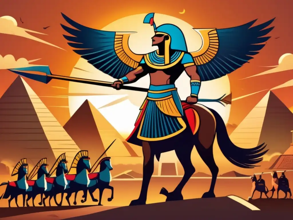 Estatuilla de Horus en combate: Una ilustración de estilo vintage muestra la épica batalla entre Horus y sus adversarios