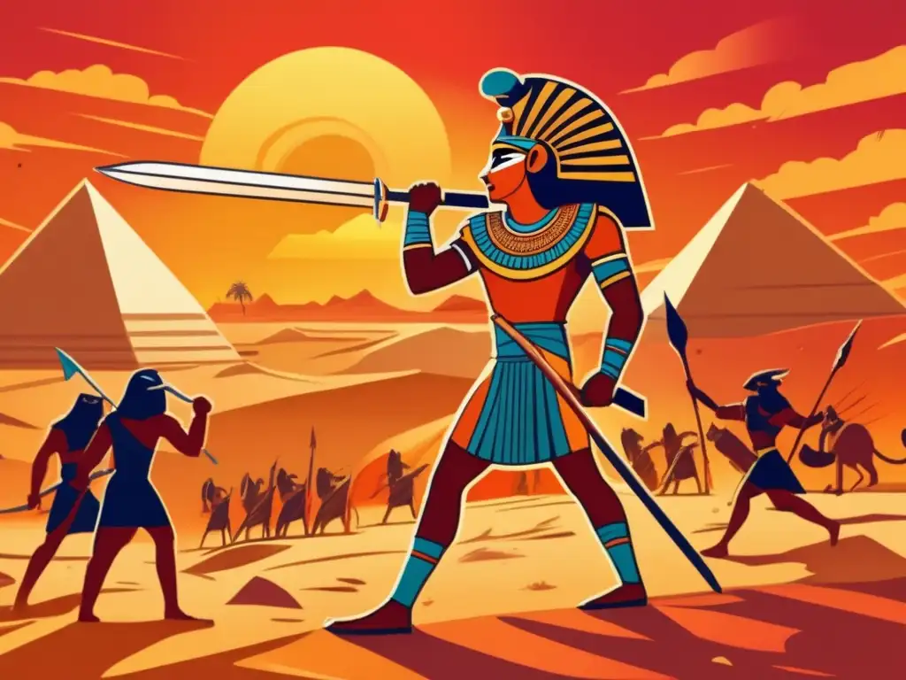 Estatuilla de Horus en combate: una ilustración estilo vintage de una feroz batalla en el antiguo Egipto