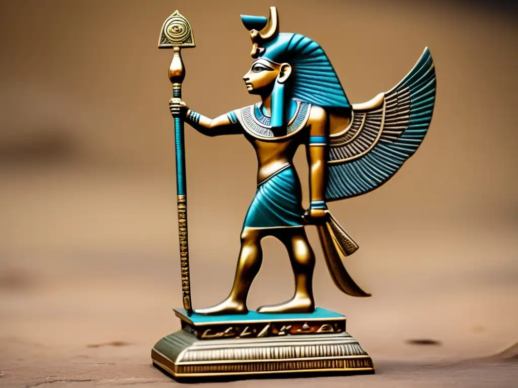 Estatuilla de Horus en combate: una imagen detallada de bronce antiguo que muestra al dios Horus luchando