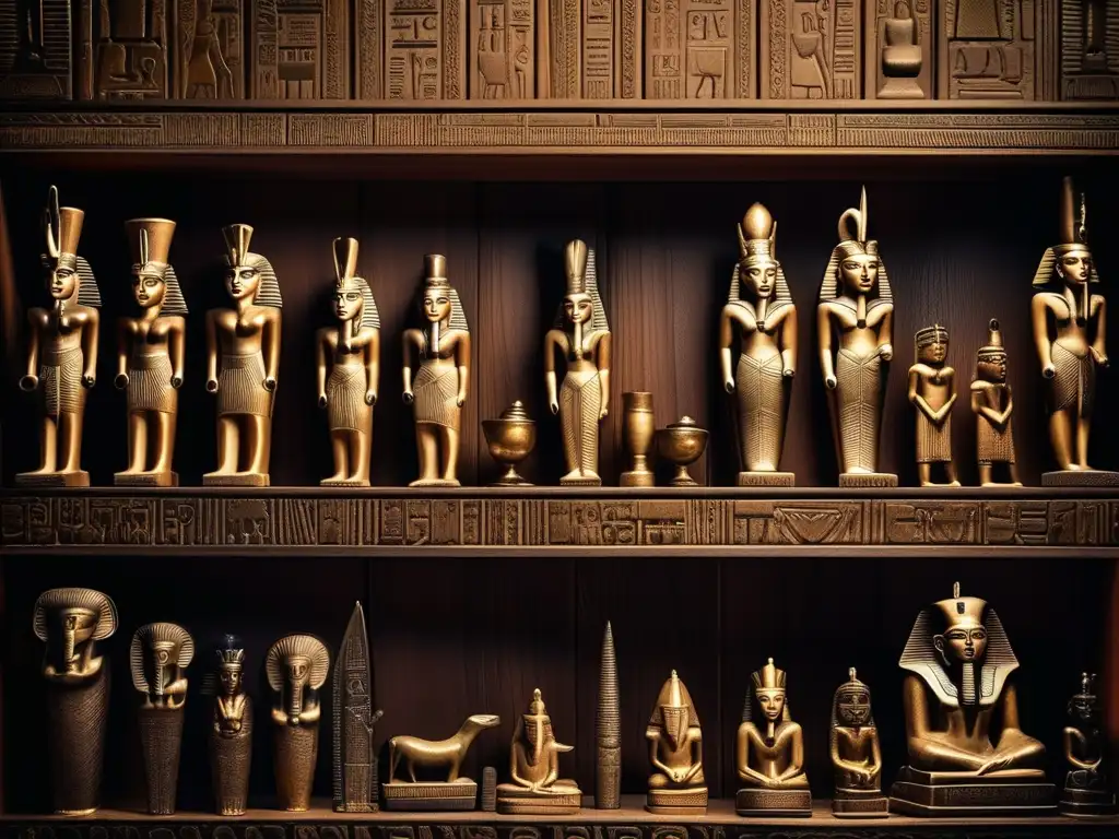 Estatuillas en el culto egipcio: Una colección de figuras egipcias intrincadas en una estantería de madera desgastada