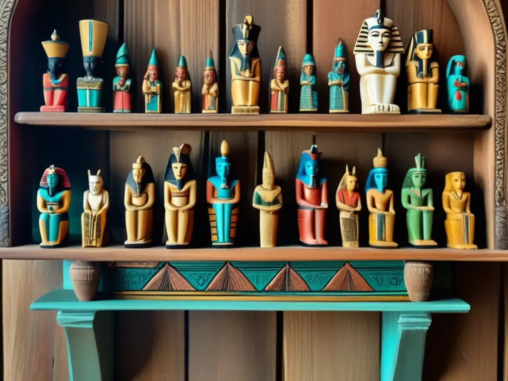 Estatuillas en el culto egipcio: una colección de figuras deidades egipcias en una repisa de madera desgastada, con detalles exquisitos y colores vibrantes que capturan la historia y la reverencia de este antiguo arte