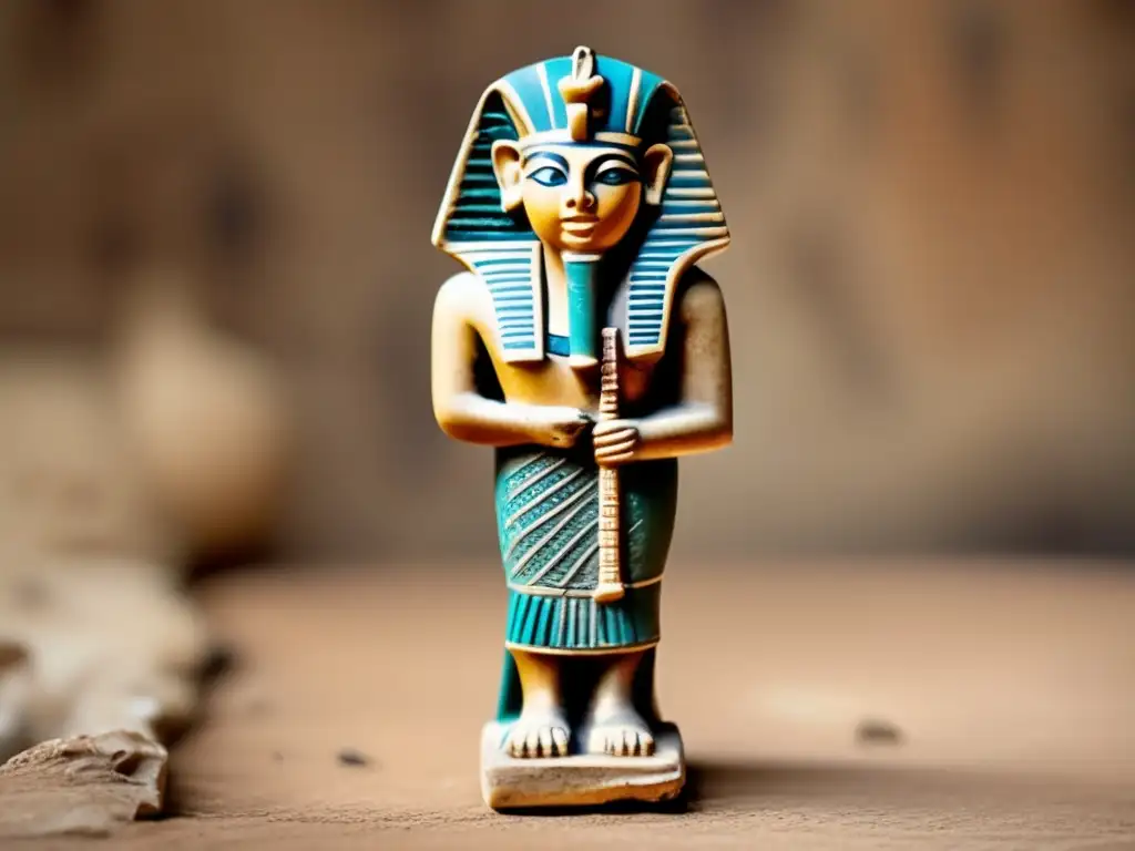 Estatuillas en el culto egipcio: una figura egipcia antigua de arcilla esmaltada, adornada con engravings de jeroglíficos intricados