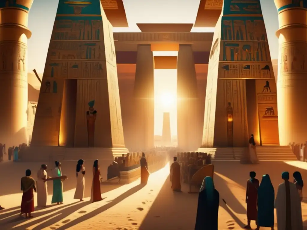 Estatuillas en el culto egipcio: un templo antiguo iluminado por la tenue luz del sol, repleto de adoradores y decorado con intrincadas jeroglíficos