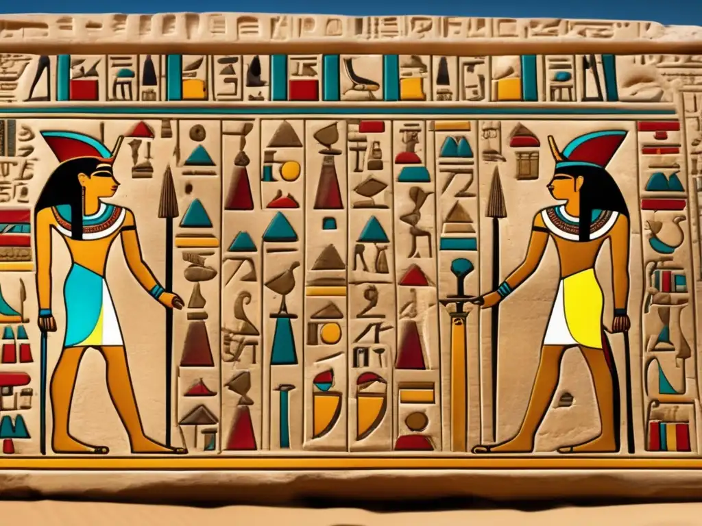 Una estela egipcia antigua con nombres de faraones del Antiguo Egipto, en vibrantes colores dorados, azules y rojos