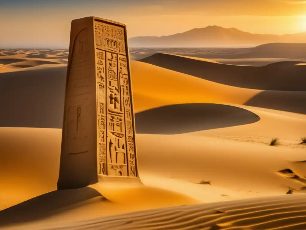 La Estela del Hambre en Egipto, una antigua estela de piedra tallada con jeroglíficos intrincados, se alza imponente frente a dunas de arena dorada