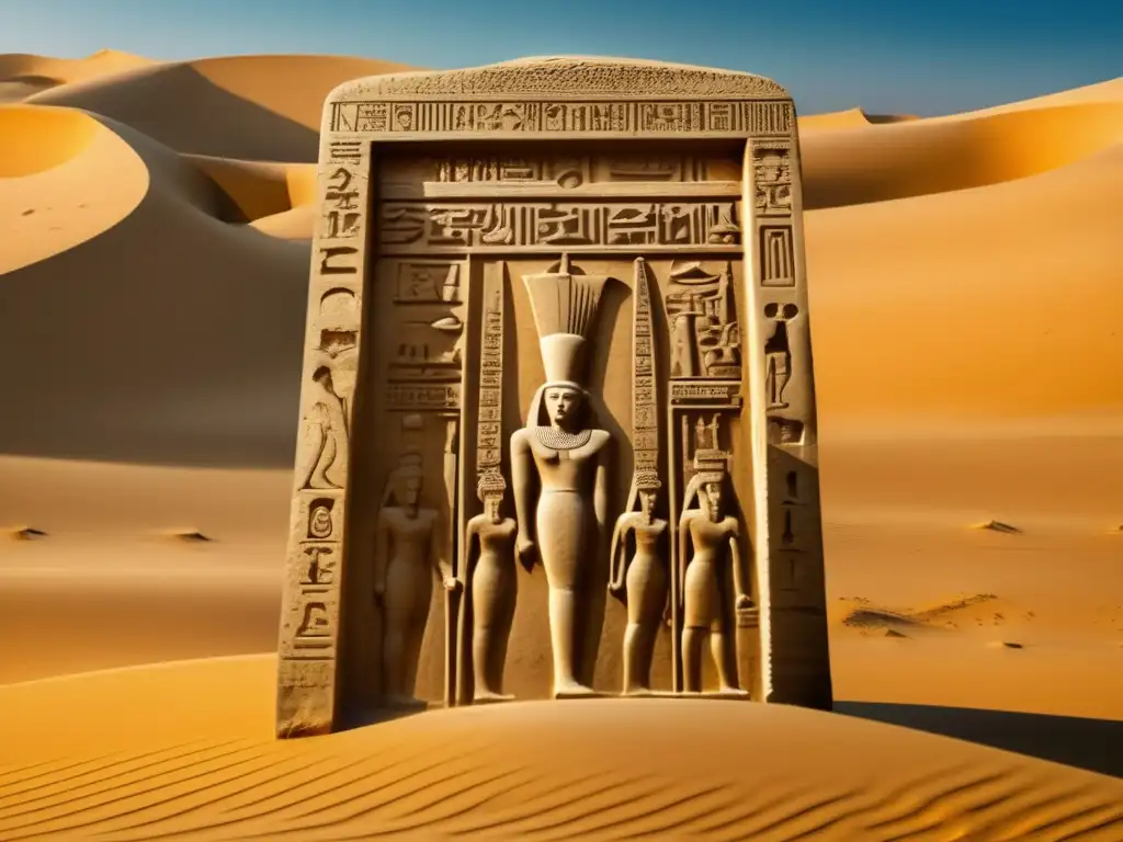 Una estela de piedra tallada en Egipto, se alza majestuosa sobre dunas doradas