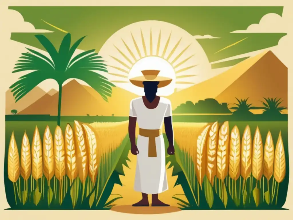 Un ilustración de estilo vintage muestra un antiguo agricultor egipcio cuidando sus cultivos en el fértil Valle del Nilo