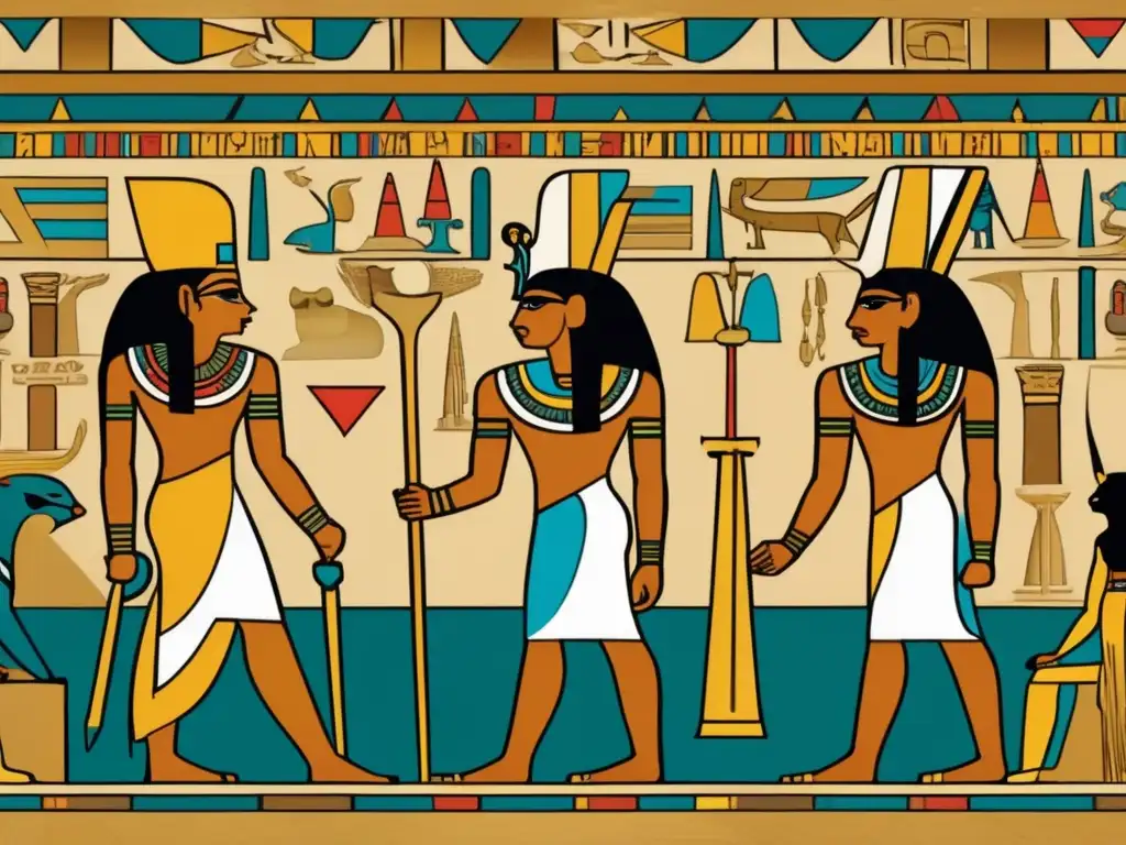 Una ilustración en estilo vintage de un interior de templo egipcio muestra jeroglíficos intrincados en las paredes, con dioses y escenas mitológicas