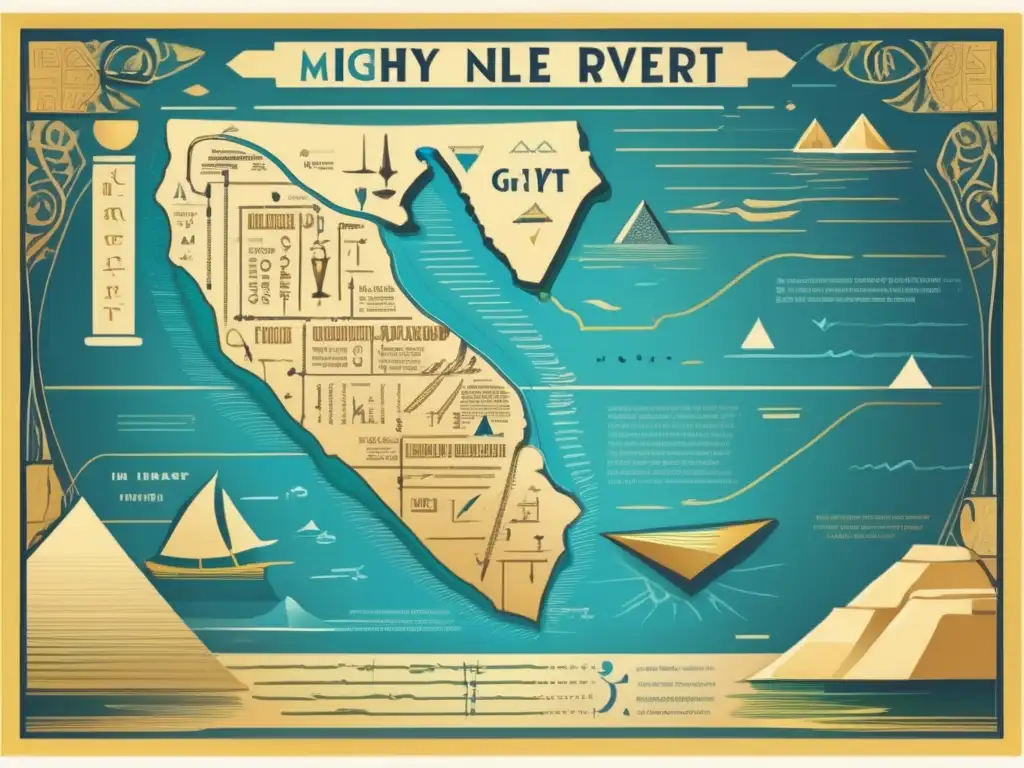Un ilustración estilo vintage del poderoso Río Nilo fluyendo a través del antiguo Egipto, con enfoque en las herramientas matemáticas para comprender y manejar sus inundaciones