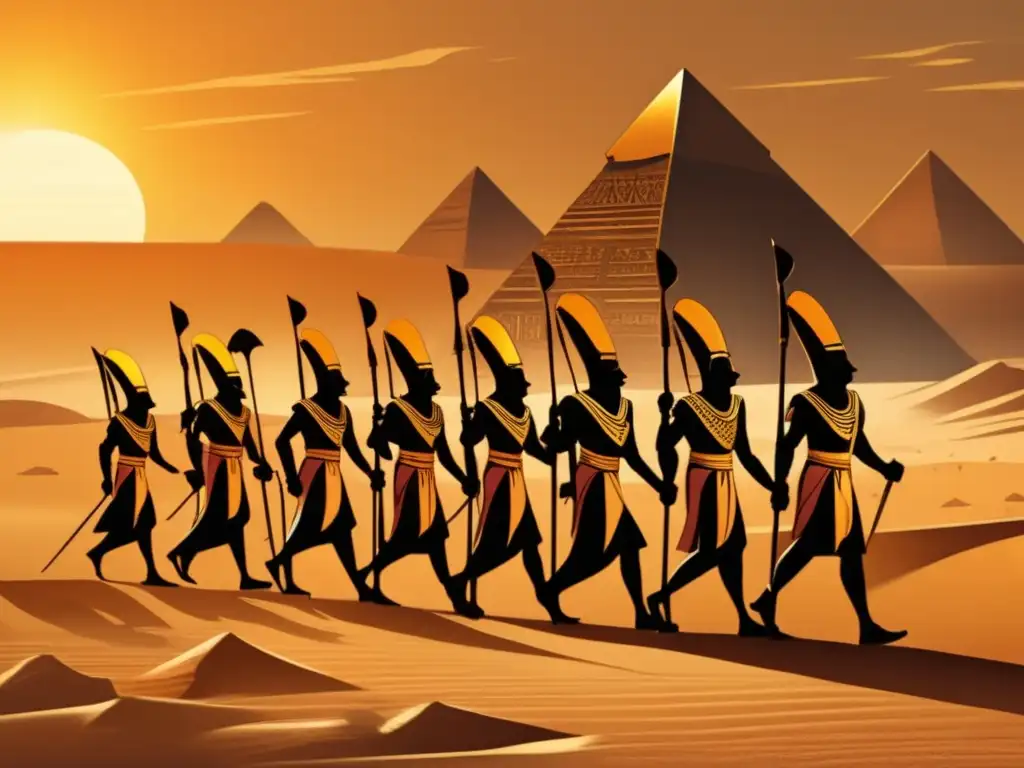 Estrategia militar del antiguo Egipto: Soldados egipcios marchando con determinación en el desierto al atardecer, bajo el resplandor dorado del sol