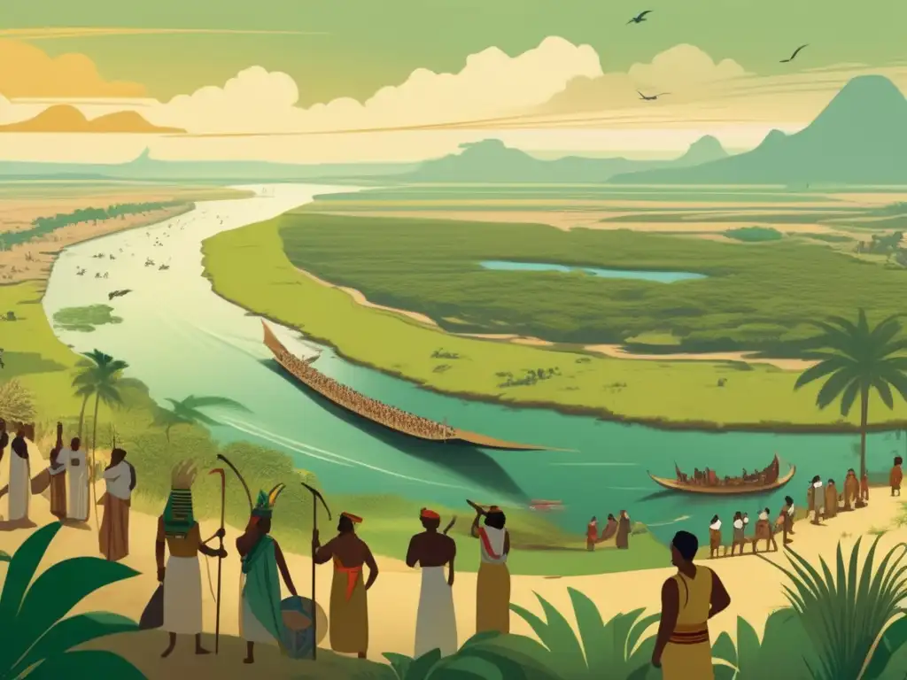 Estrategias defensa Delta Nilo invasores: Ilustración vintage del Delta del Nilo, con exuberante vegetación y río serpenteante