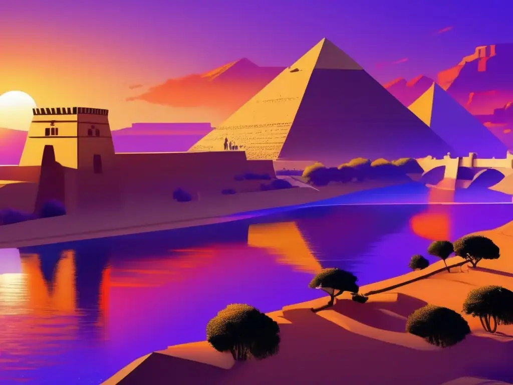 Estrategias defensa fronteras faraones: Majestuosas fortificaciones a lo largo del Nilo, con atardecer dorado y soldados protegiendo su tierra