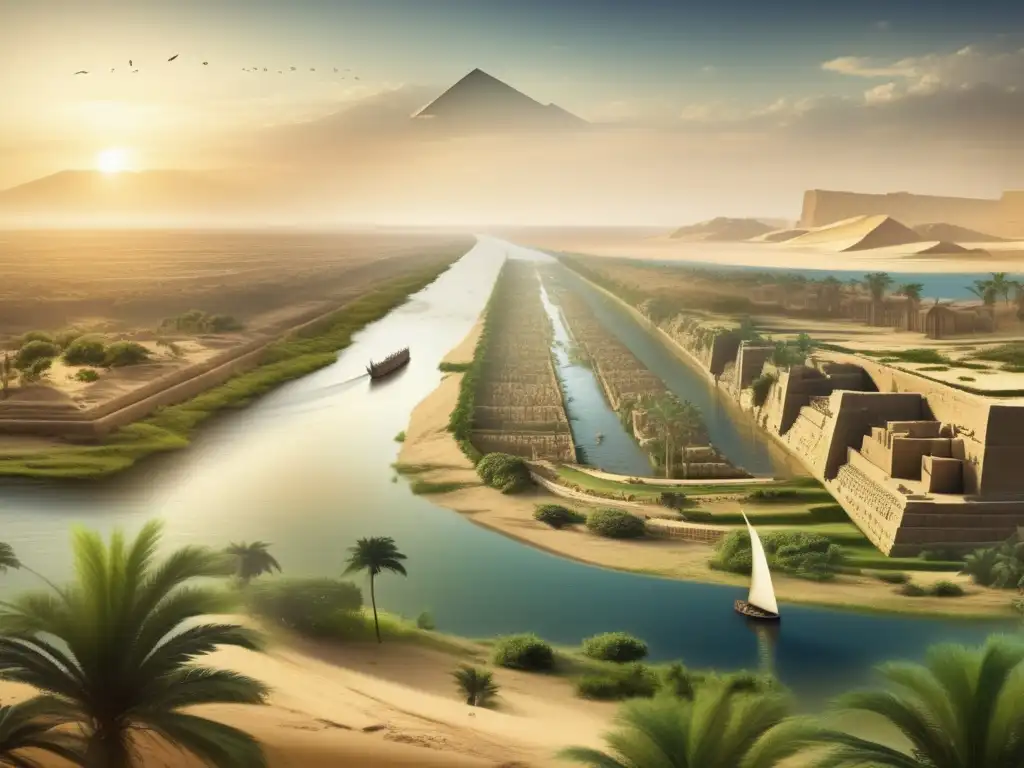Estrategias defensa Delta Nilo invasores: Un impactante panorama vintage muestra la belleza del Delta del Nilo, con ruinas de una ciudad egipcia devastada por la guerra