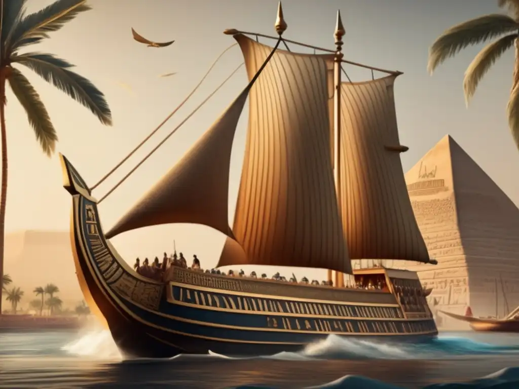 Estrategias fluviales del Antiguo Egipto cobran vida en una ilustración vintage inspirada en la guerra naval