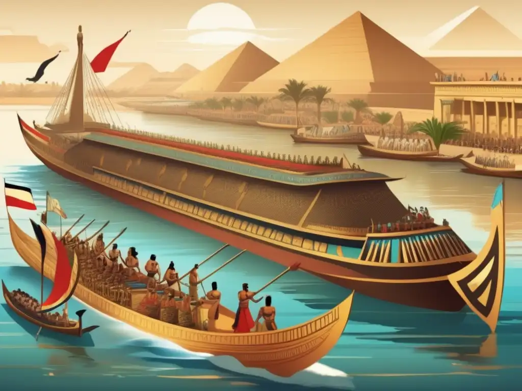 Estrategias fluviales del Antiguo Egipto se despliegan en una ilustración vintage del bullicioso Nilo