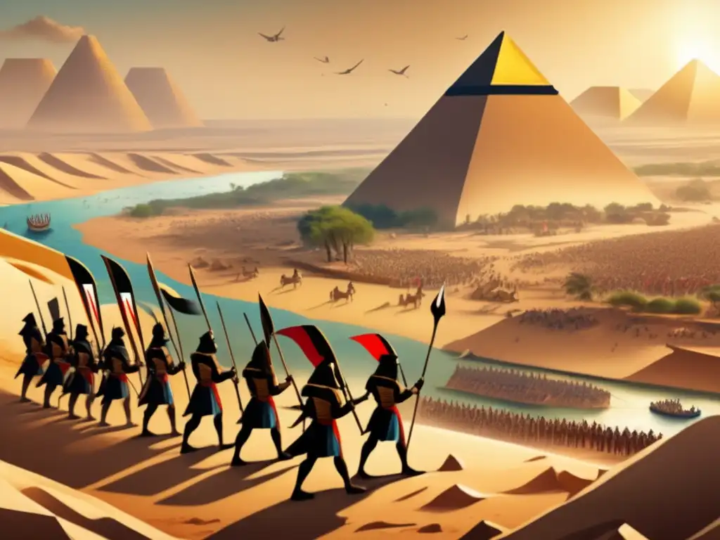 Estrategias militares en el antiguo Egipto: Una ilustración detallada de una feroz batalla entre ejércitos, en un paisaje desértico con el río Nilo de fondo