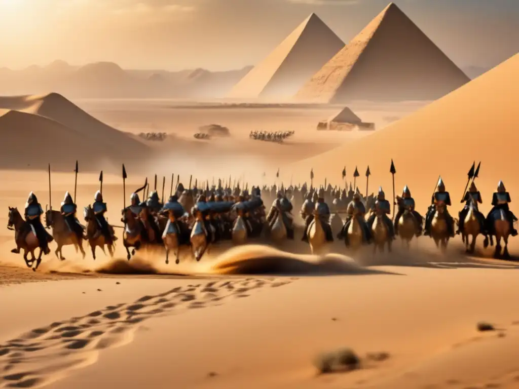 Estrategias militares del antiguo imperio de Egipto en una épica batalla: soldados egipcios formados y un comandante en su caballo liderando, con una majestuosa pirámide de fondo y un ejército nubio preparado