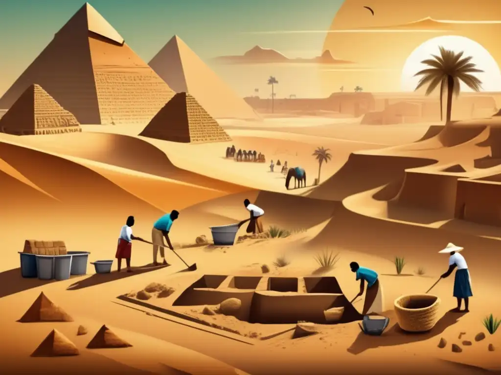 Estratigrafía en el Antiguo Egipto: Equipo de arqueólogos desentierra artefactos en un sitio de excavación en el desierto, con una estética vintage