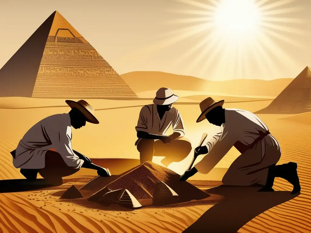 Estratigrafía en el Antiguo Egipto: arqueólogos meticulosos desenterrando artefactos bajo el cálido resplandor del sol, cerca de las pirámides