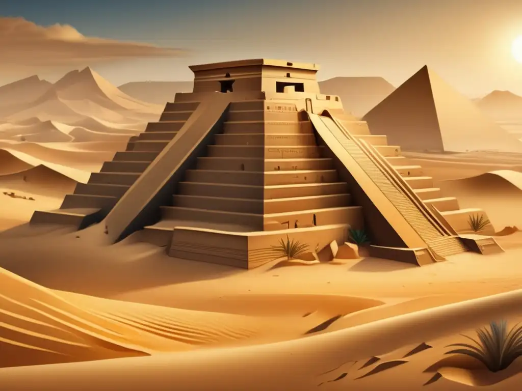 Estructuras defensivas antiguas en Egipto: Una ilustración vintage muestra una imponente fortaleza de arena, con jeroglíficos tallados