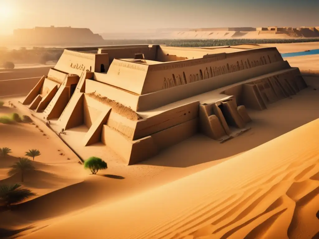Estructuras defensivas antiguas en Egipto: Imponentes muros de Buhen, adornados con jeroglíficos, bajo la cálida luz del sol
