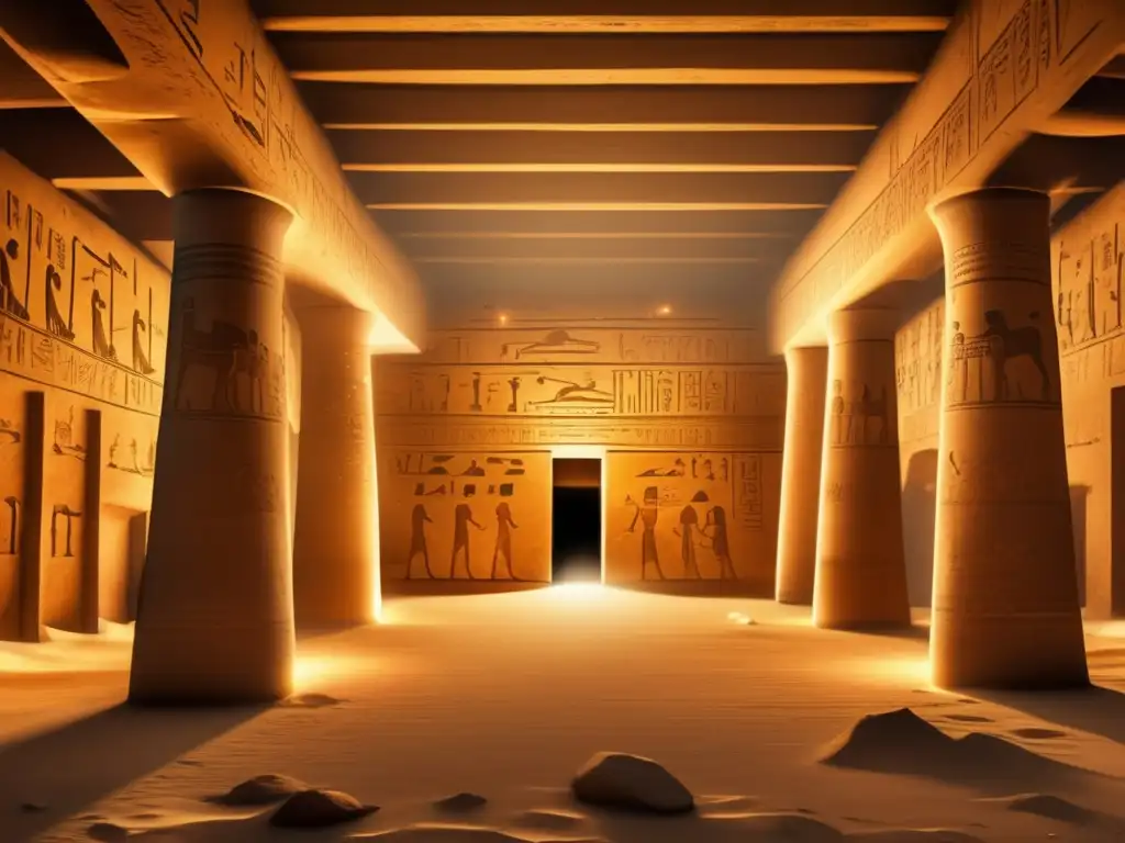Estructuras subterráneas del Antiguo Egipto: Cámara subterránea iluminada por un rayo de luz, con jeroglíficos y un sarcófago ornamentado