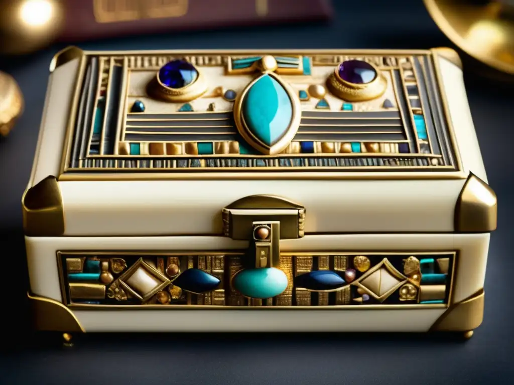 Un estuche de cosméticos del antiguo Egipto adornado con detalles en marfil tallado, jeroglíficos delicados, oro y gemas preciosas