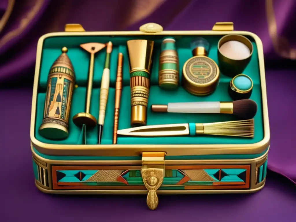 Un estuche egipcio vintage con decoración de jeroglíficos y colores vibrantes, revelando herramientas de belleza exquisitamente elaboradas