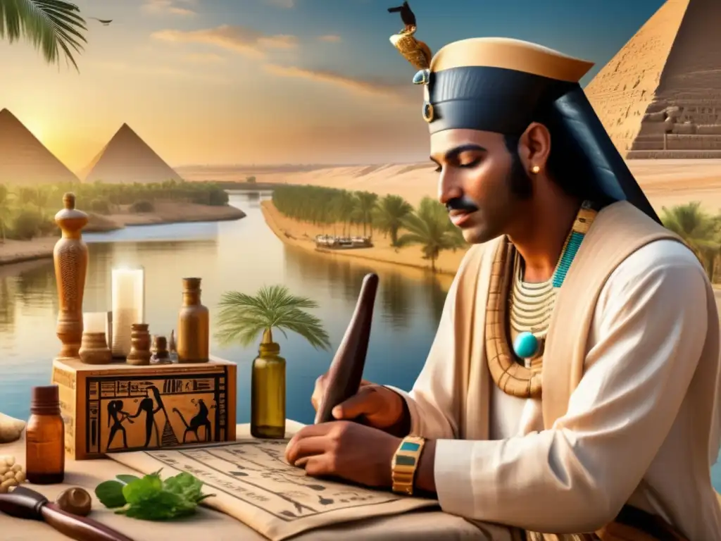 Un evocador y detallado retrato de un antiguo médico egipcio realizando un procedimiento médico en las orillas del majestuoso río Nilo
