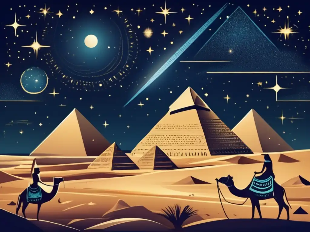 Un evocador paisaje nocturno del antiguo Egipto, con las pirámides de Giza bajo la suave luz de la luna y las estrellas