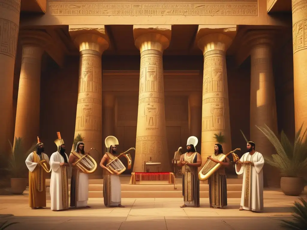 Una evocadora imagen de una banda musical antigua egipcia interpretando en un majestuoso patio de un templo