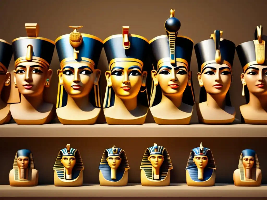 Una evolución detallada en 8k de los bustos reales egipcios, mostrando estilos y características a lo largo de la historia