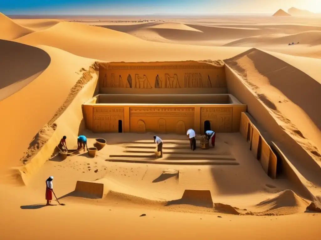 Excavación detallada en una antigua tumba egipcia, con arqueólogos descubriendo cuidadosamente capas de arena y escombros