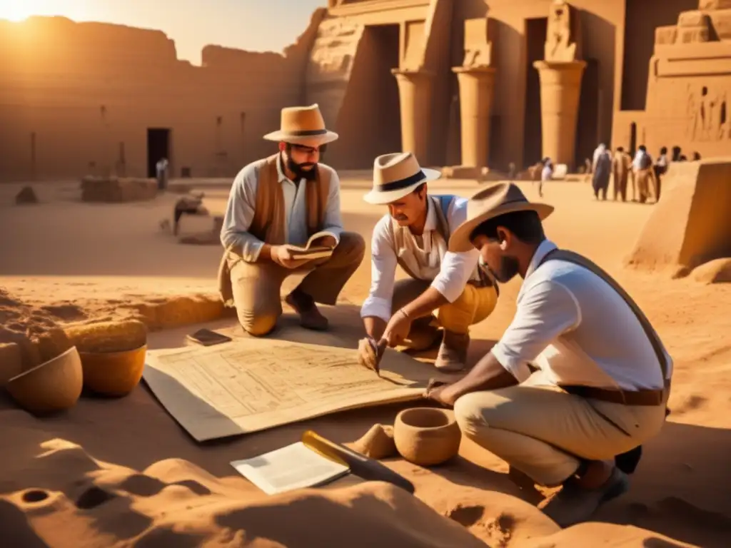 Excavación dorada en Egipto: arqueólogos documentando hallazgos con técnicas de mapeo arqueológico en el cálido atardecer