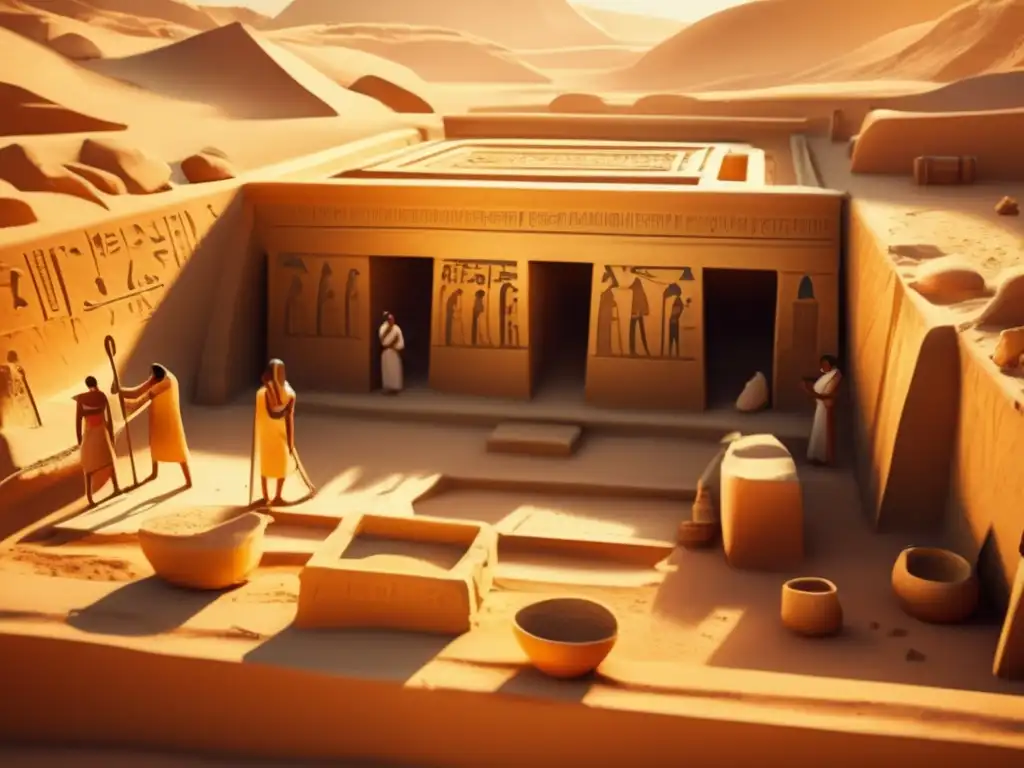 Excavación egipcia: un tesoro histórico revelado por arqueólogos en la cálida luz dorada
