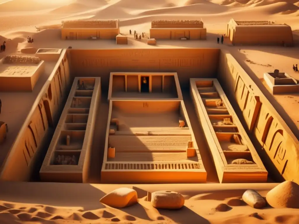 Excavación en el Periodo Tardío de Egipto: arqueólogos descubren tesoros en una tumba antigua bajo una cálida luz dorada