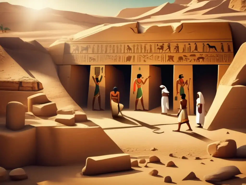 Excavación en una tumba egipcia antigua, con arqueólogos descubriendo cuidadosamente paredes cubiertas de jeroglíficos y artefactos