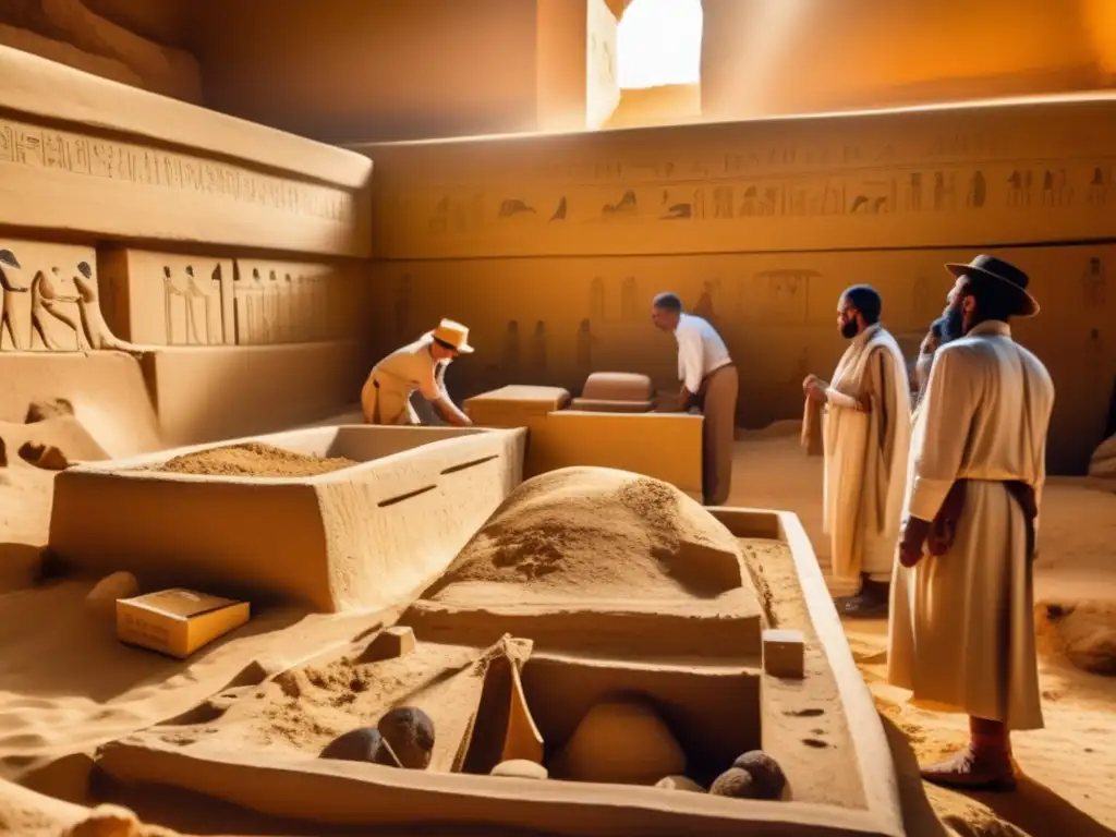 Excavación de tumba egipcia antigua, arqueólogos descubren jeroglíficos y artefactos bajo luz dorada
