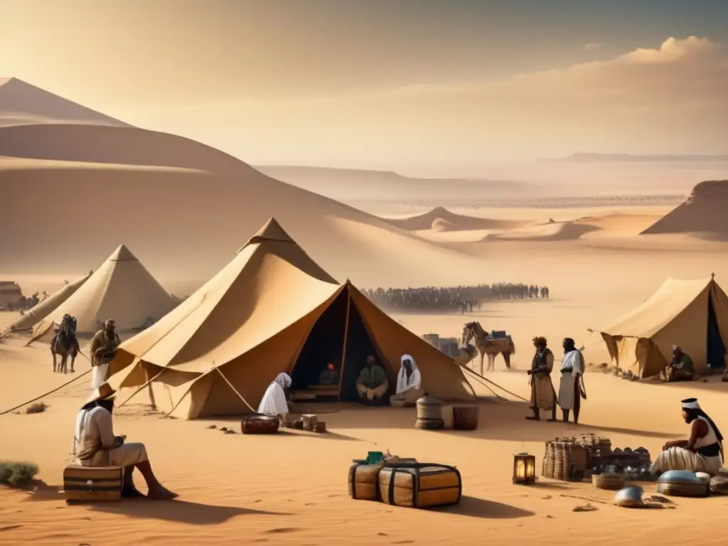 Expediciones arqueológicas en Egipto: Un campamento detallado de época en el desierto, donde exploradores estudian artefactos antiguos al atardecer