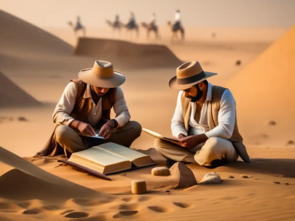 Expediciones arqueológicas en Egipto: Exploradores en el desierto, descubriendo antiguos tesoros bajo el cálido sol dorado