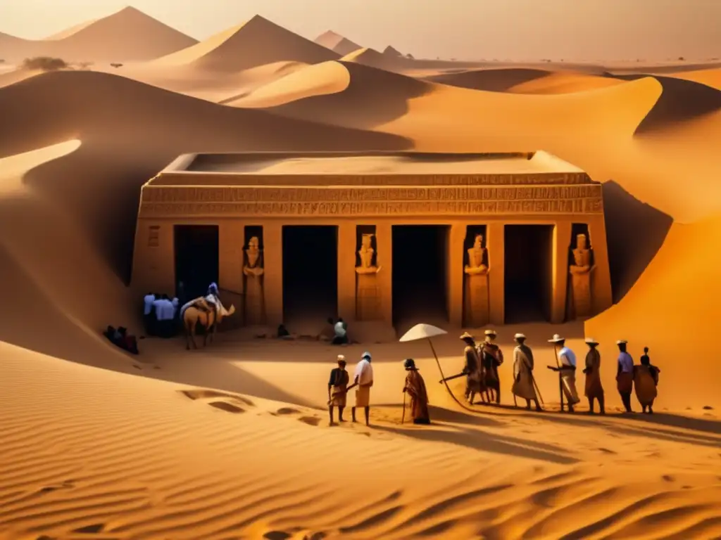 Expediciones arqueológicas en Egipto: Un grupo de arqueólogos desentierra un antiguo túmulo egipcio en el cálido desierto del Sahara