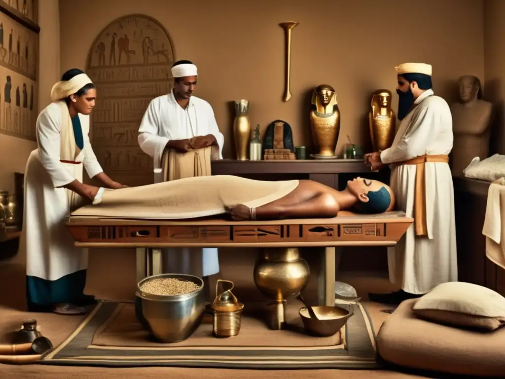 Un experto embalsamador egipcio preserva un noble con las técnicas de momificación en Egipto