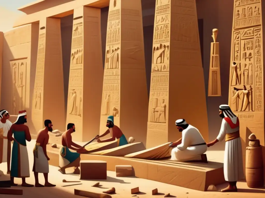 Expertos artesanos tallando meticulosamente un obelisco en Egipto, en un taller lleno de herramientas tradicionales