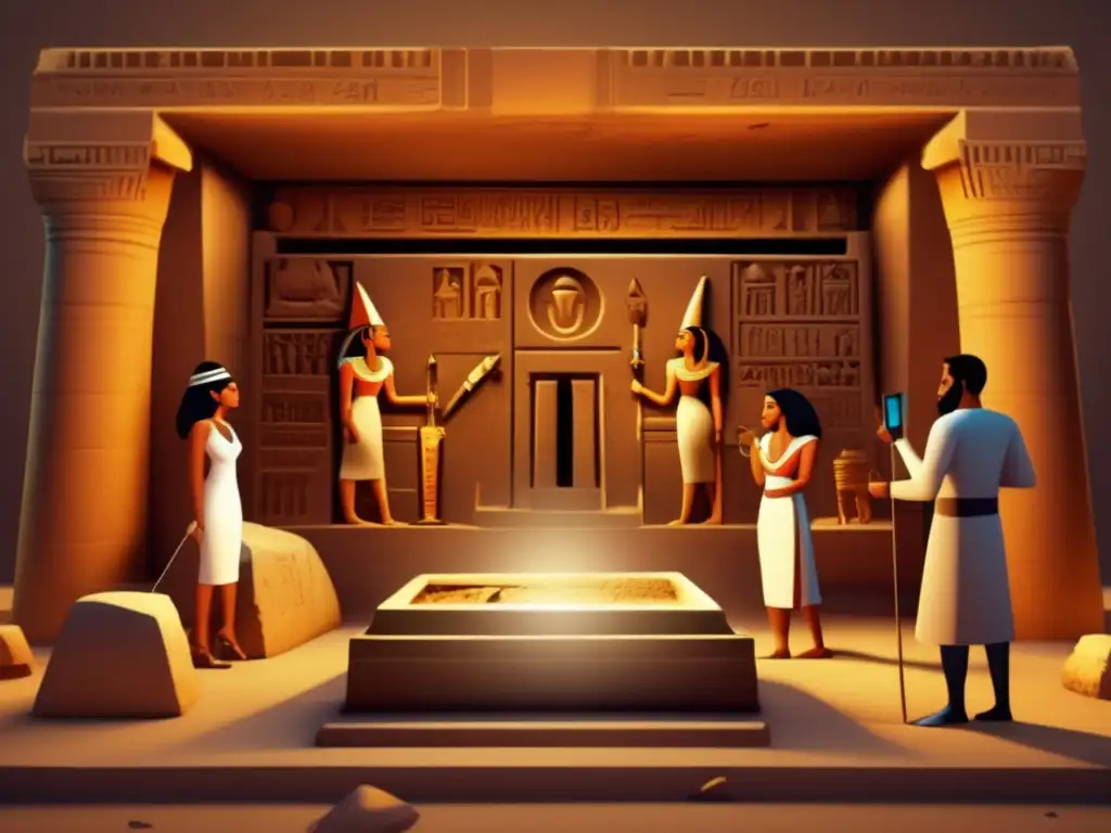 Exploración del Antiguo Egipto: Tecnología escáner 3D captura detalles de sarcófago en una atmósfera mística y tecnológica