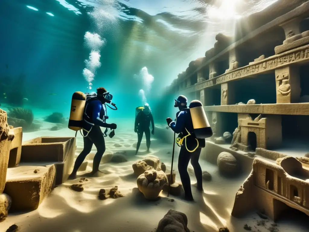 Exploración de arqueología subacuática en Egipto: buceadores descubren tesoros antiguos en un naufragio, rodeados de misterio y asombro
