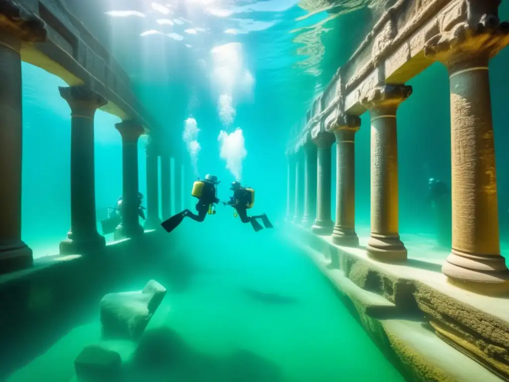 Exploración subacuática de templos sumergidos en el Nilo: arqueólogos bajo el agua, aguas turquesas, detalles místicos