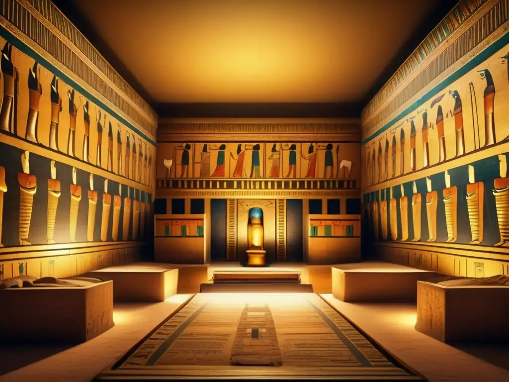 Exploración en las tumbas del Valle de los Reyes en Egipto: una imagen fascinante de la tumba de Tutankamón, llena de misterio y grandiosidad, con jeroglíficos intrincados y pinturas coloridas de dioses y faraones antiguos